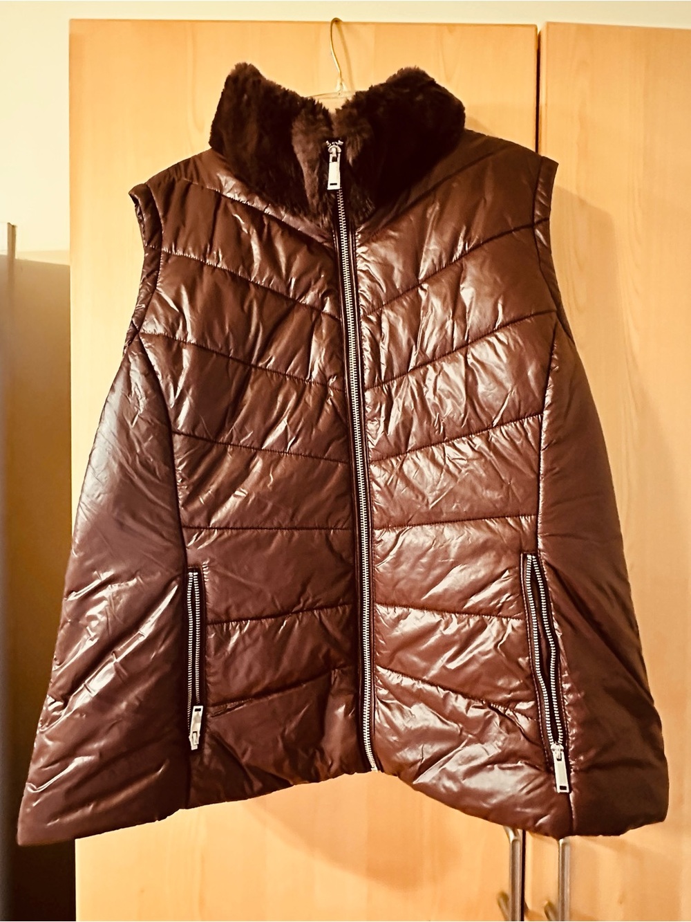 Calvin Klein Dark Brown Quilted Puffer Vest with Faux Fur Collar